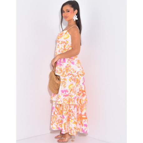 Bedrucktes Kleid mit Volants & dünnen Trägern