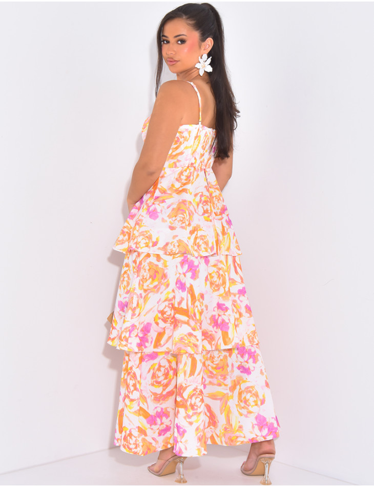 Bedrucktes Kleid mit Volants & dünnen Trägern