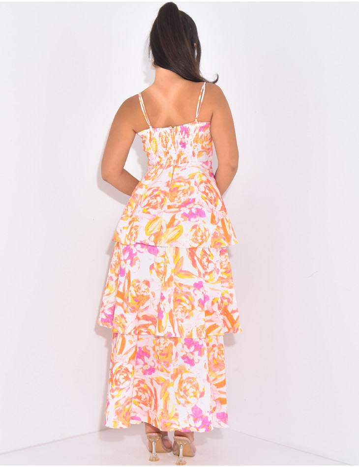 Bedrucktes Kleid mit Volants & dünnen Trägern