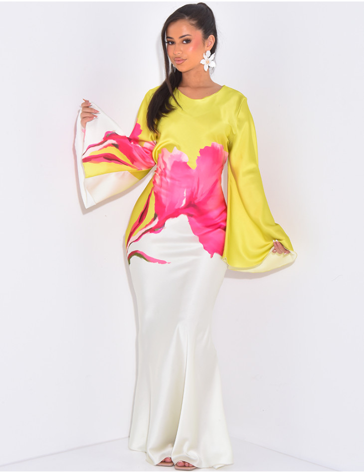 Robe longue en satin à motif floral imprimé