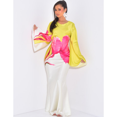 Robe longue en satin à motif floral imprimé