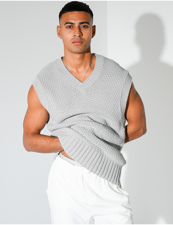 T-shirt sans manches & col V en maille