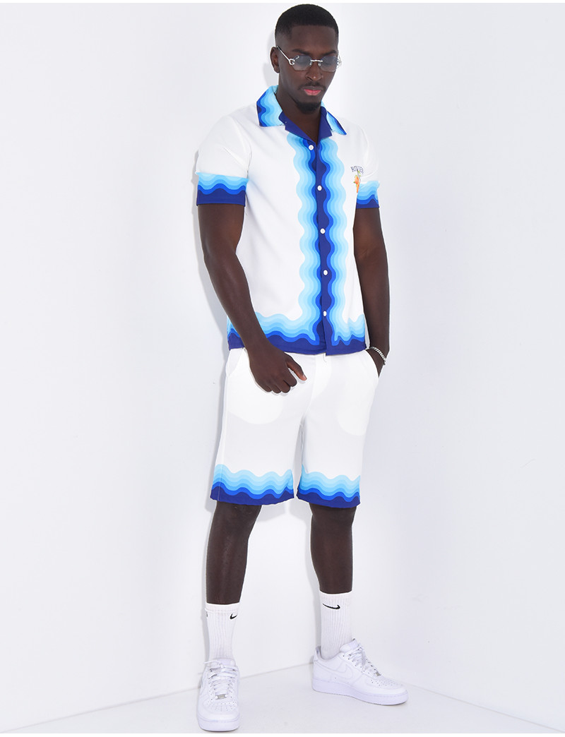 Ensemble short homme à haut bleu rayé et short bleu uni