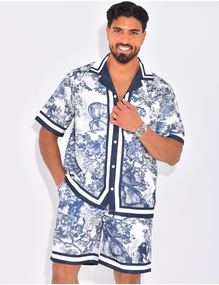 Ensemble short et chemise à motifs paysage