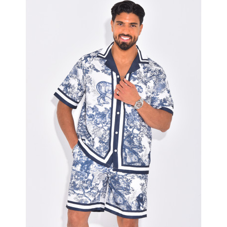 Ensemble short et chemise à motifs paysage