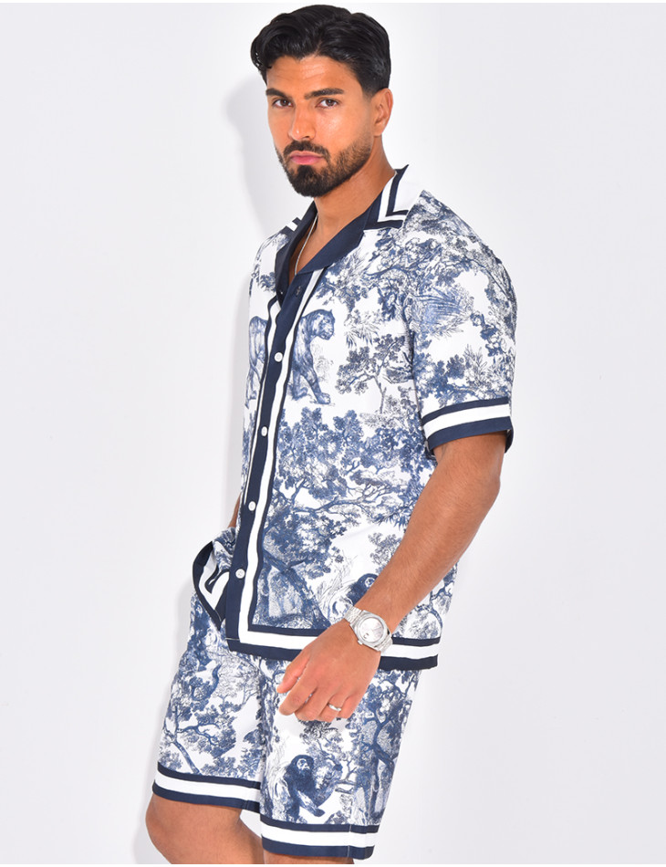 Ensemble short et chemise à motifs paysage
