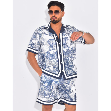 Ensemble short et chemise à motifs paysage