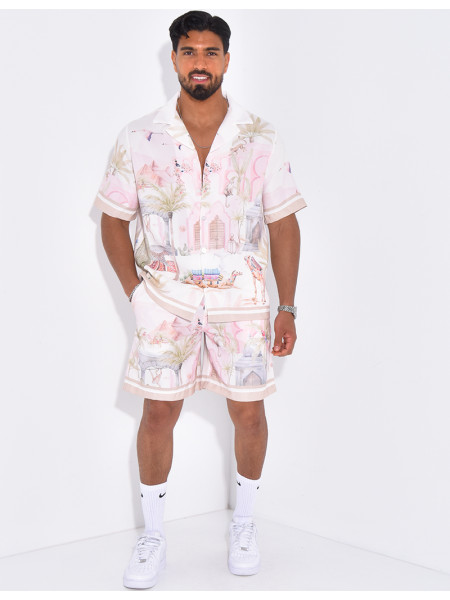 Ensemble short et chemise à motifs paysage