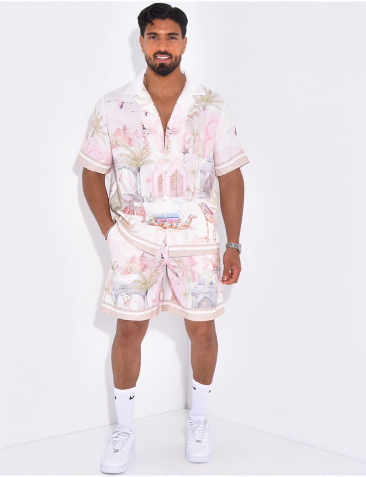 Ensemble short et chemise à motifs paysage