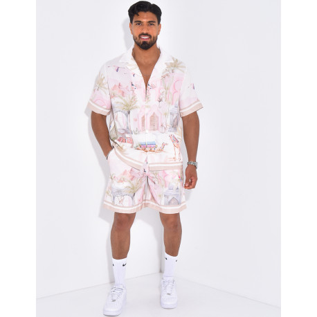 Ensemble short et chemise à motifs paysage