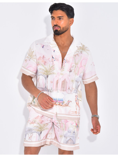 Ensemble short et chemise à motifs paysage