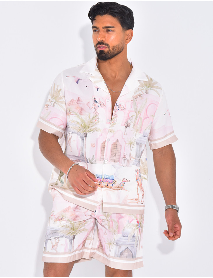 Ensemble short et chemise à motifs paysage