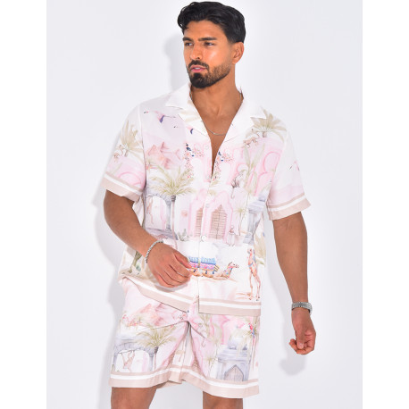 Ensemble short et chemise à motifs paysage