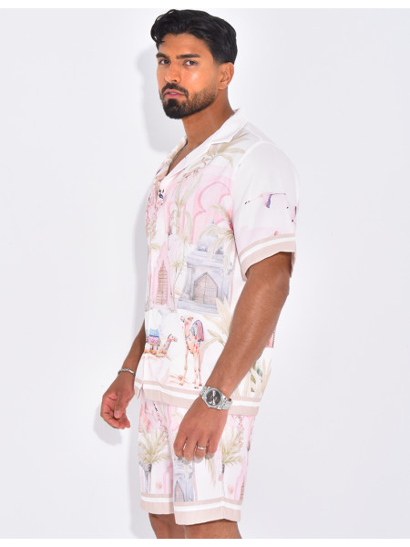 Ensemble short et chemise à motifs paysage