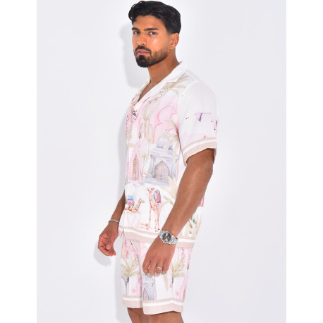 Ensemble short et chemise à motifs paysage