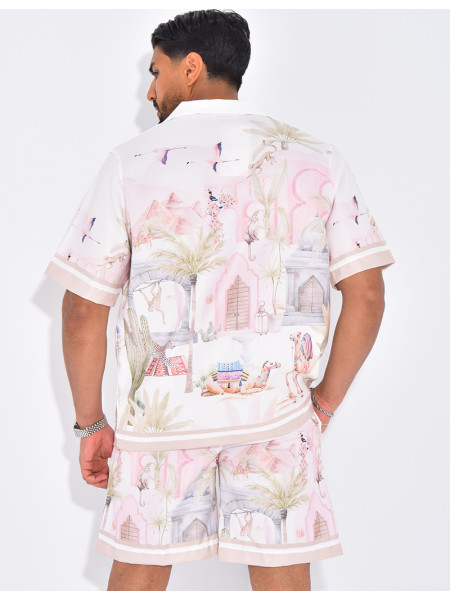 Ensemble short et chemise à motifs paysage