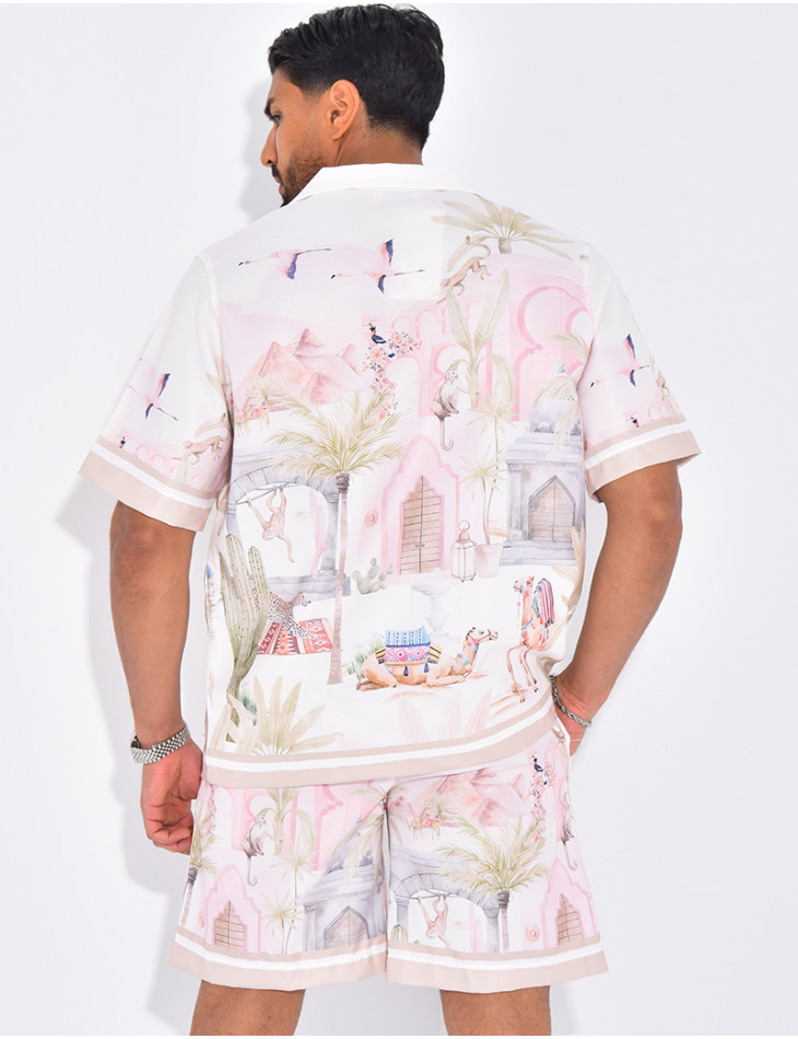 Ensemble short et chemise à motifs paysage