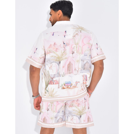 Ensemble short et chemise à motifs paysage