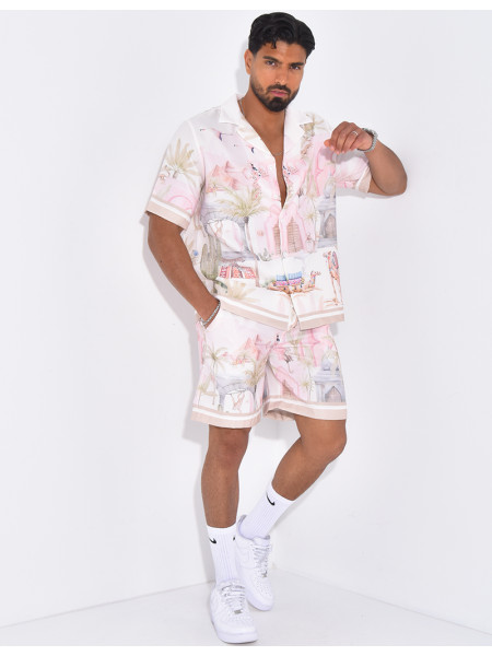 Ensemble short et chemise à motifs paysage