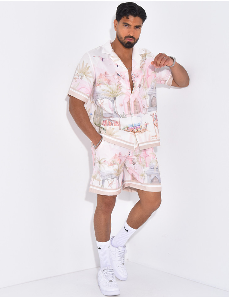 Ensemble short et chemise à motifs paysage