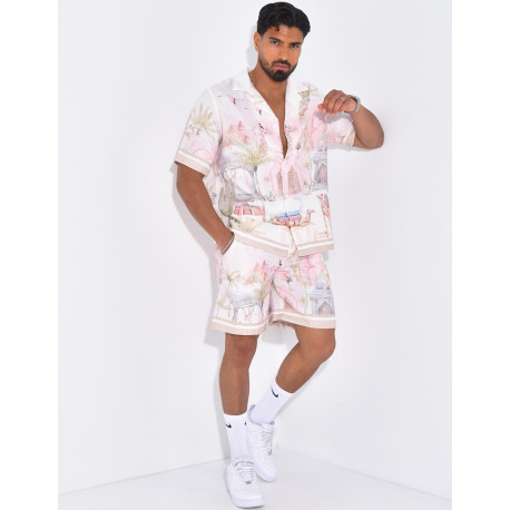 Ensemble short et chemise à motifs paysage