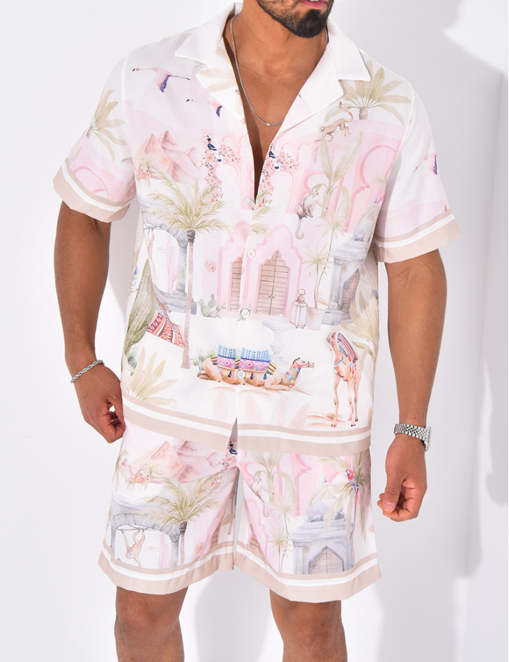 Ensemble short et chemise à motifs paysage