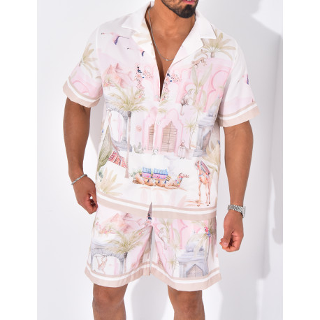Ensemble short et chemise à motifs paysage