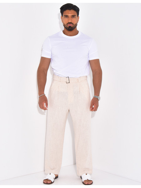 Pantalon en lin effet chiné avec ceinture