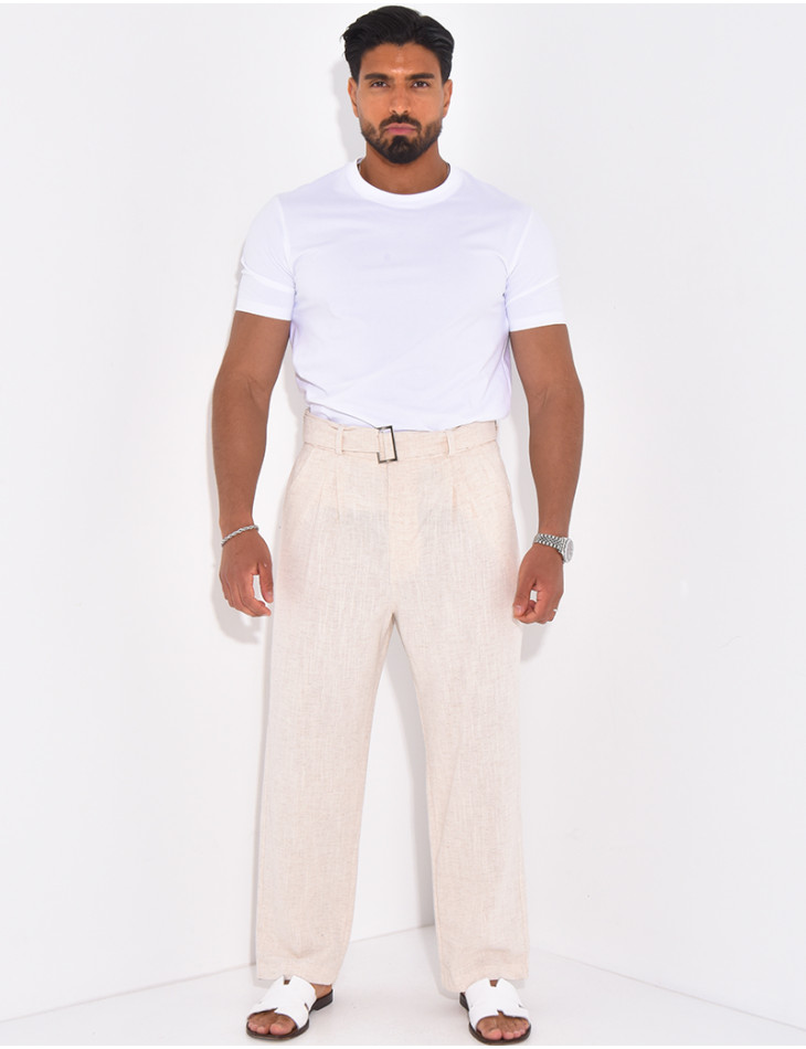 Pantalon en lin effet chiné avec ceinture