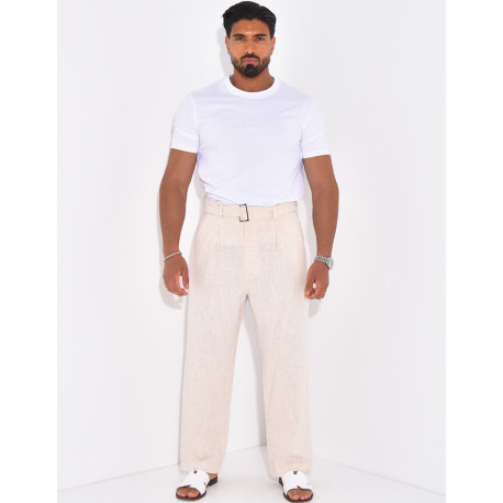 Pantalon en lin effet chiné avec ceinture