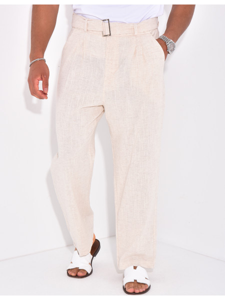 Pantalon en lin effet chiné avec ceinture