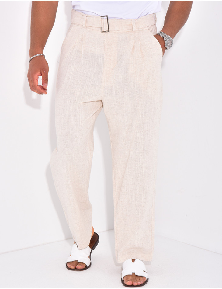 Pantalon en lin effet chiné avec ceinture