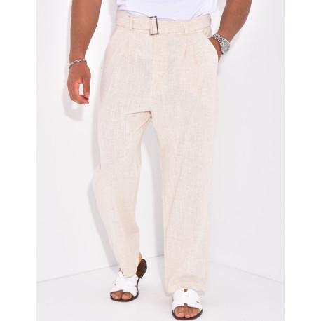Pantalon en lin effet chiné avec ceinture