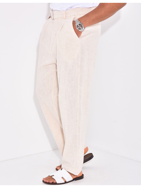Pantalon en lin effet chiné avec ceinture