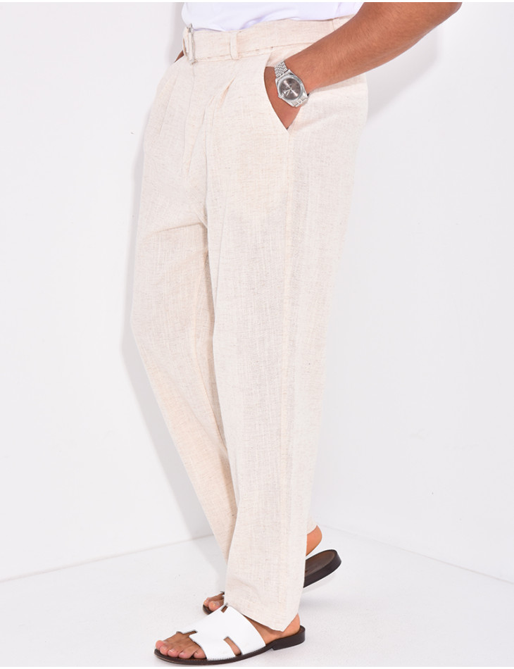 Pantalon en lin effet chiné avec ceinture