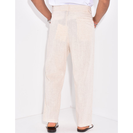 Pantalon en lin effet chiné avec ceinture