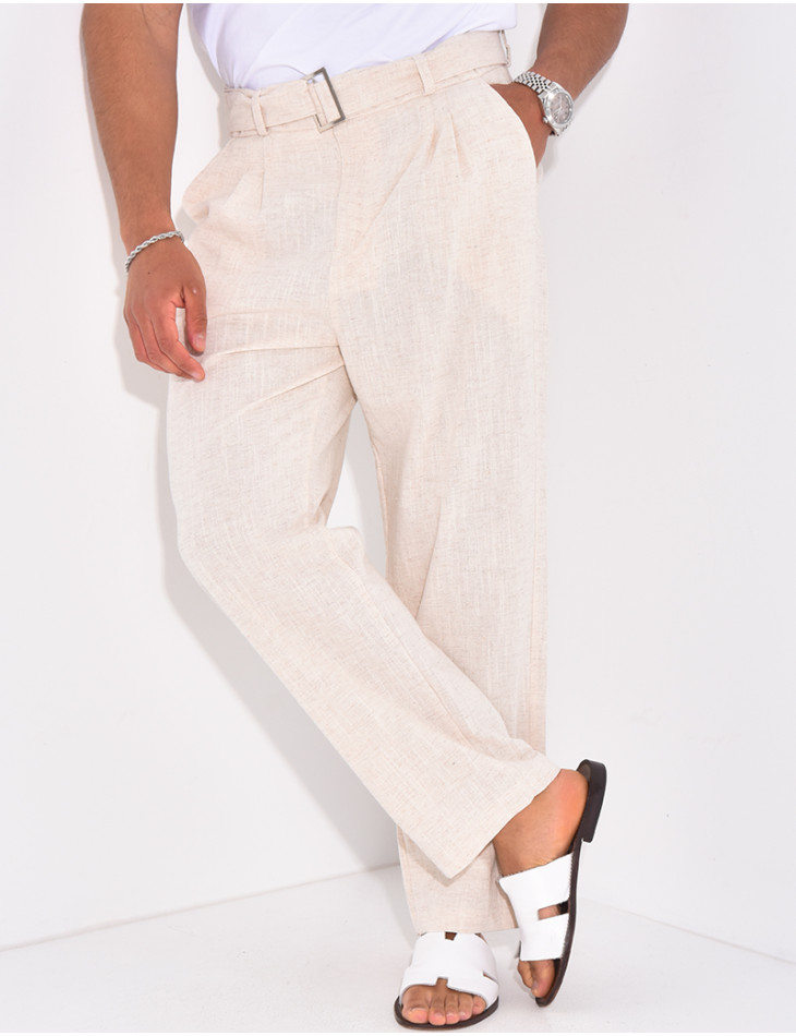 Pantalon en lin effet chiné avec ceinture