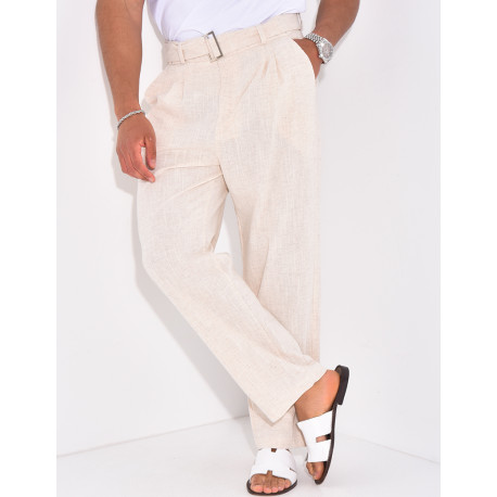 Pantalon en lin effet chiné avec ceinture