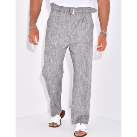 Pantalon en lin effet chiné avec ceinture
