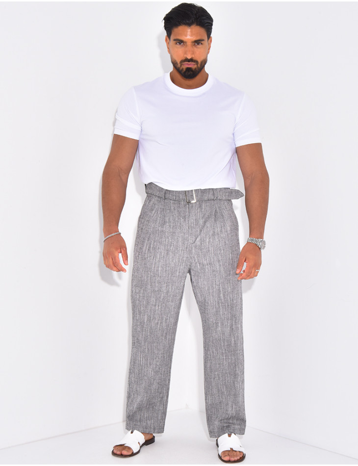 Pantalon en lin effet chiné avec ceinture