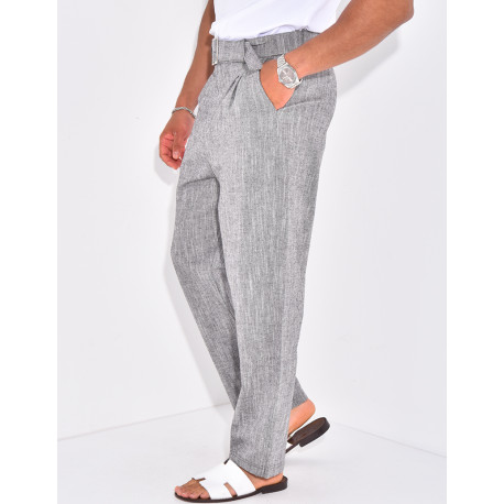 Pantalon en lin effet chiné avec ceinture