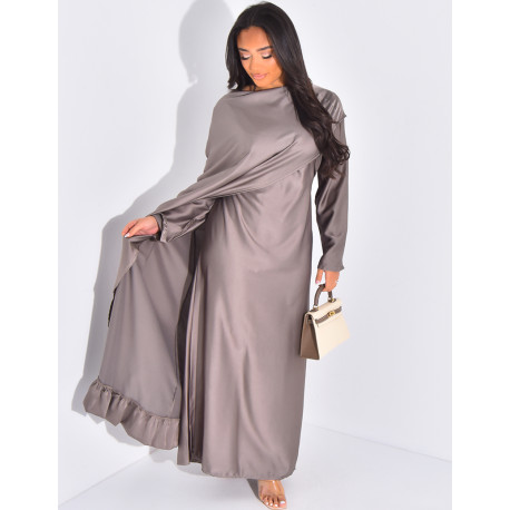 Satin dress and asymmetric cape with ruffles set