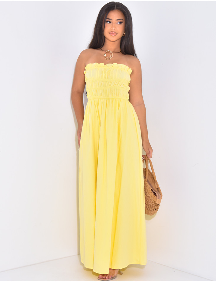 Gathered long strapless dress in lined cotton