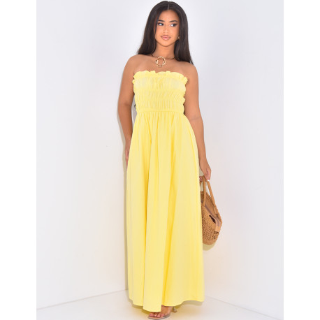 Gathered long strapless dress in lined cotton