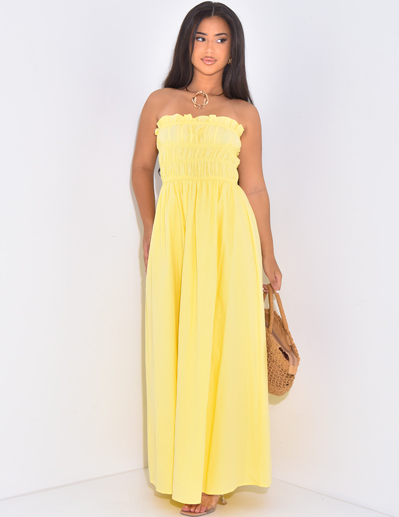 Gathered long strapless...