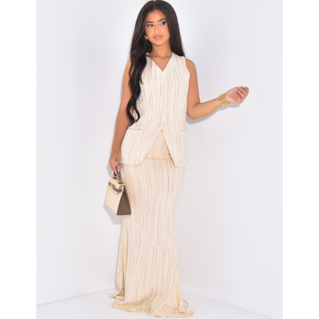Long skirt and sleeveless cardigan in linen