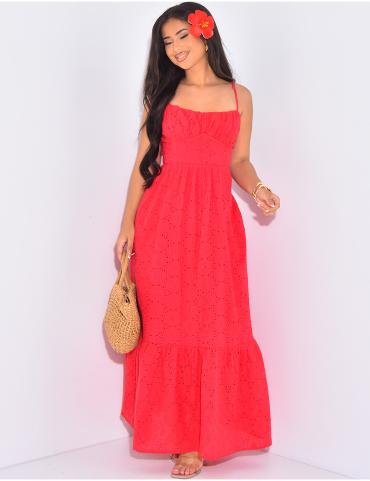 Embroidered flared long dress with bare back