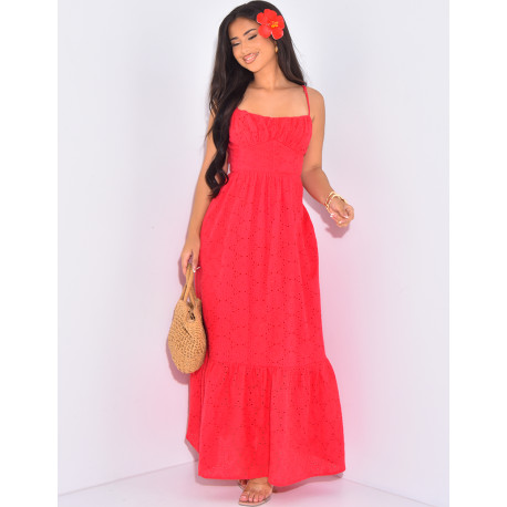 Embroidered flared long dress with bare back