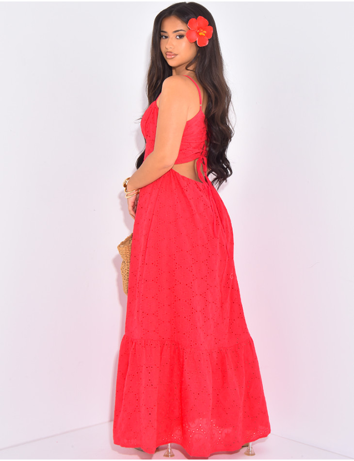Robe longue évasée en dentelle à dos nu