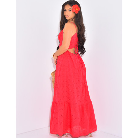 Robe longue évasée en dentelle à dos nu